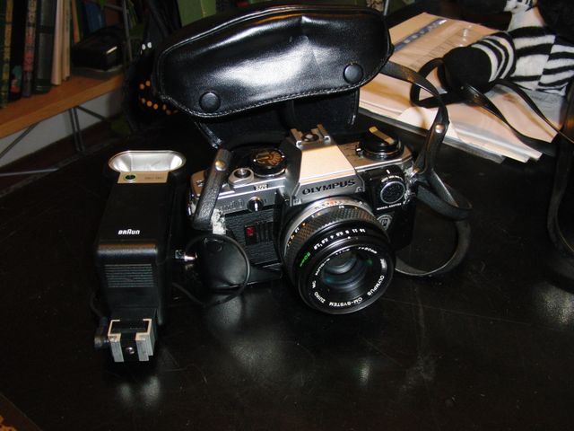 Reflex classica, OLIMPUS OM 10 con il suo flash.
Adattatore per foto in manuale.
